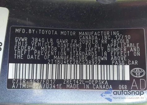 2011 Toyota Corolla S из США, поврежденный, VIN 2T1BU4EE2BC538927